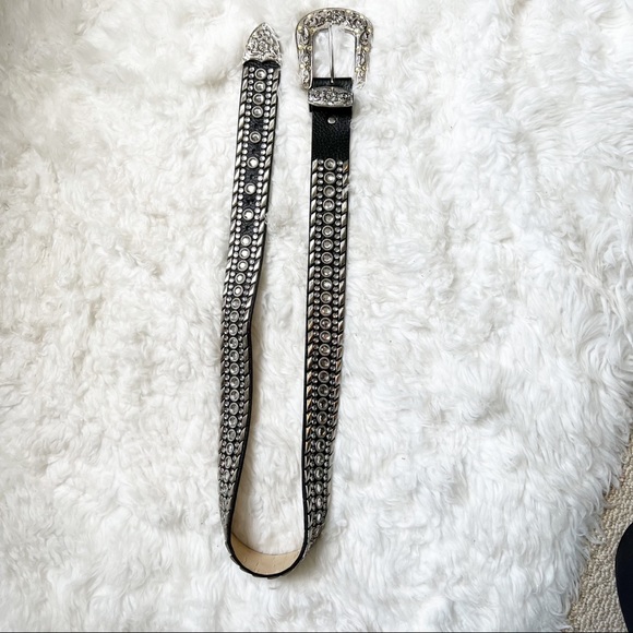 Women’s leather belt with large silver buckle black silver bling rhinestones - Picture 4 of 9